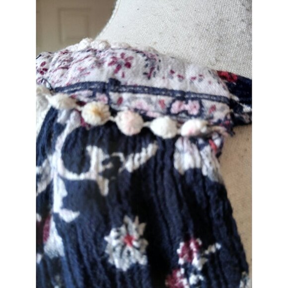 J. Gee Boho Floral Halter Dress Tunic M Navy Blue Embroidered Trim Sleeveless - Picture 7 of 13